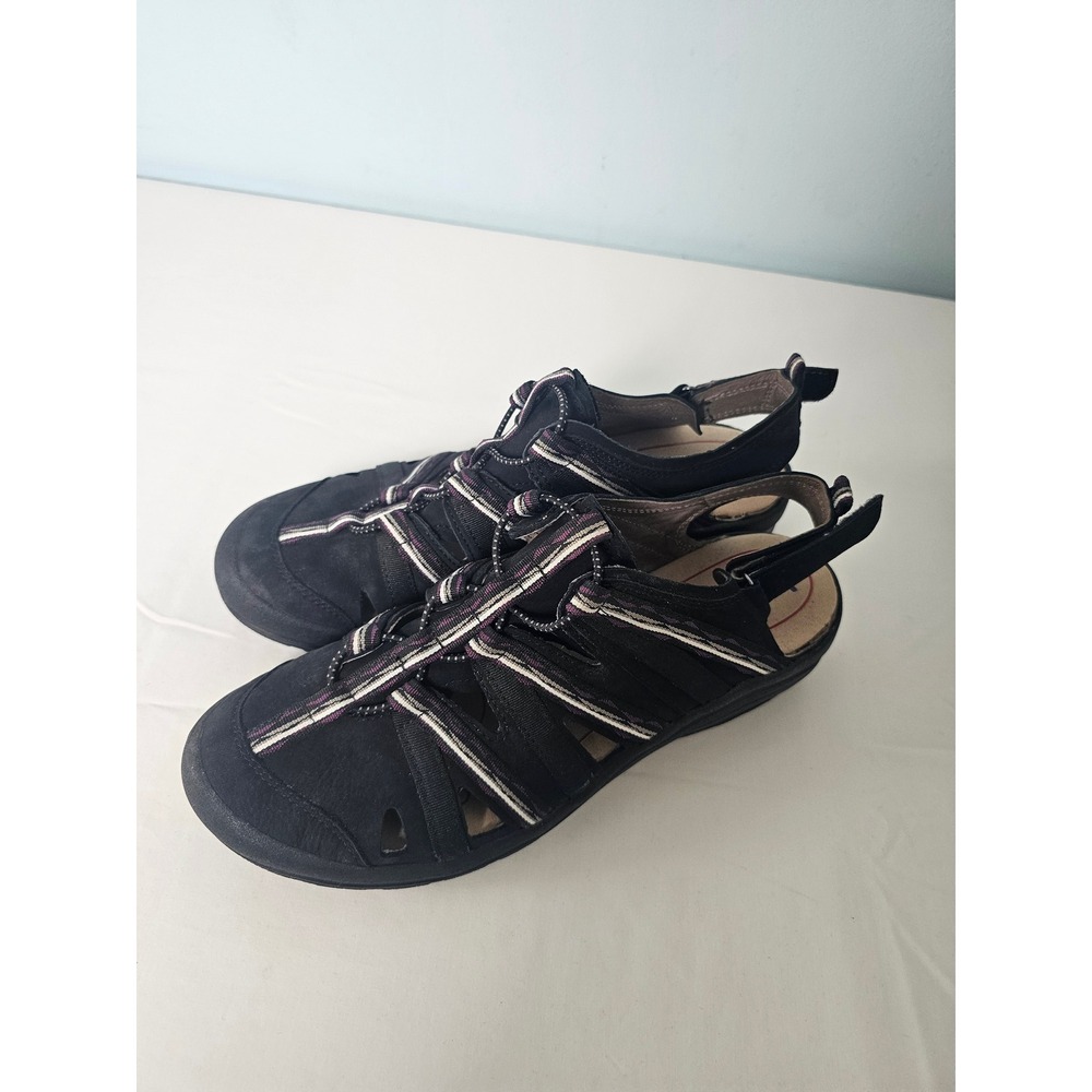 [Gorpcore] Bionica Hiking Sandals Women 11M Black Leather Bungee Sporty Comfort